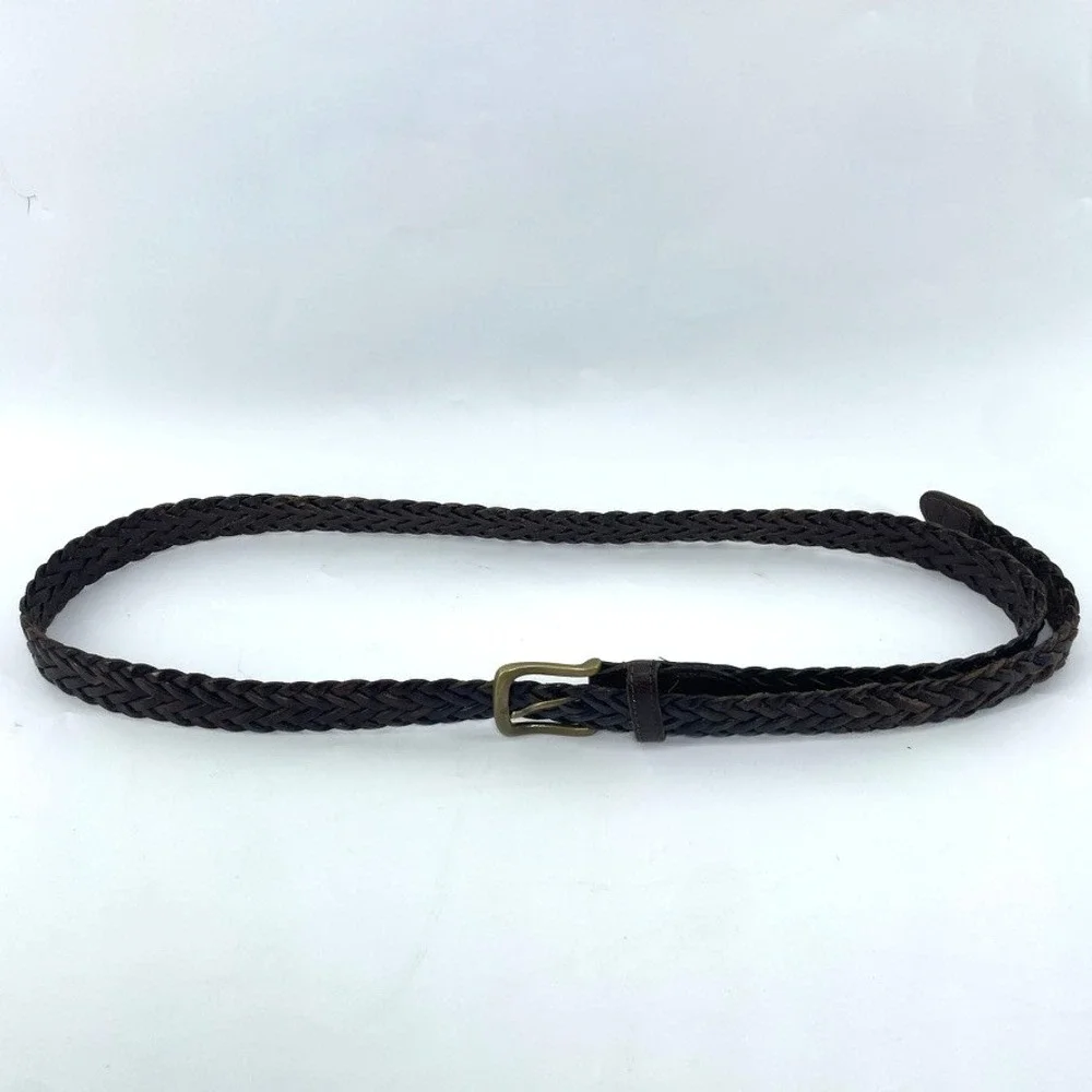 Vtg Braided Genuine Leather Belt XL 42-44 Brown Woven Brass Buckle‎ Boho Skinny